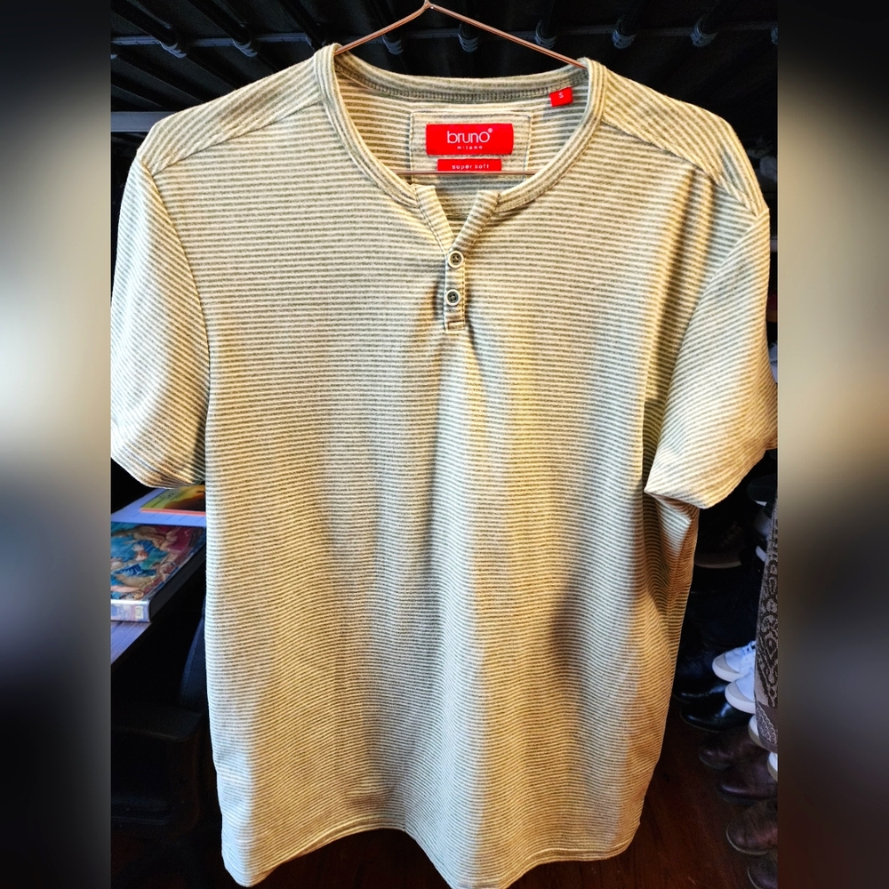 Bruno Milano Super Soft Henly T-shirt Green and White Striped T-Shirt